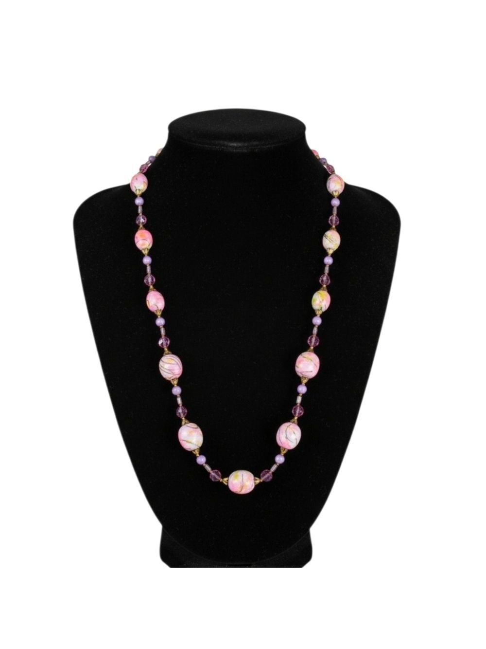 Vintage Alice Caviness Pastel Hand-Painted Glass Bead Necklace | Signed | 17”